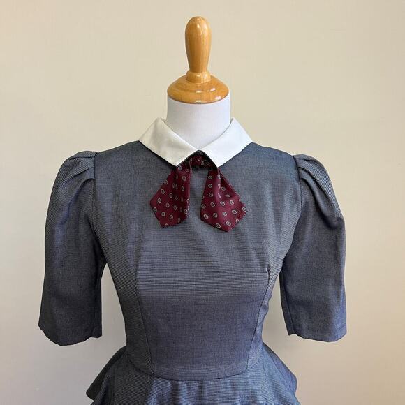Vintage ACT 1 New York Peplum Pencil Midi Dress Puff Sleeves Collared with Tie 2 - Picture 2 of 16